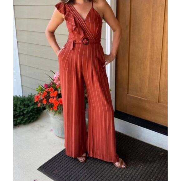 THREE POOL Margaux Striped Jumpsuit Ruffle Sleeveless Wide Leg Red Women's 2